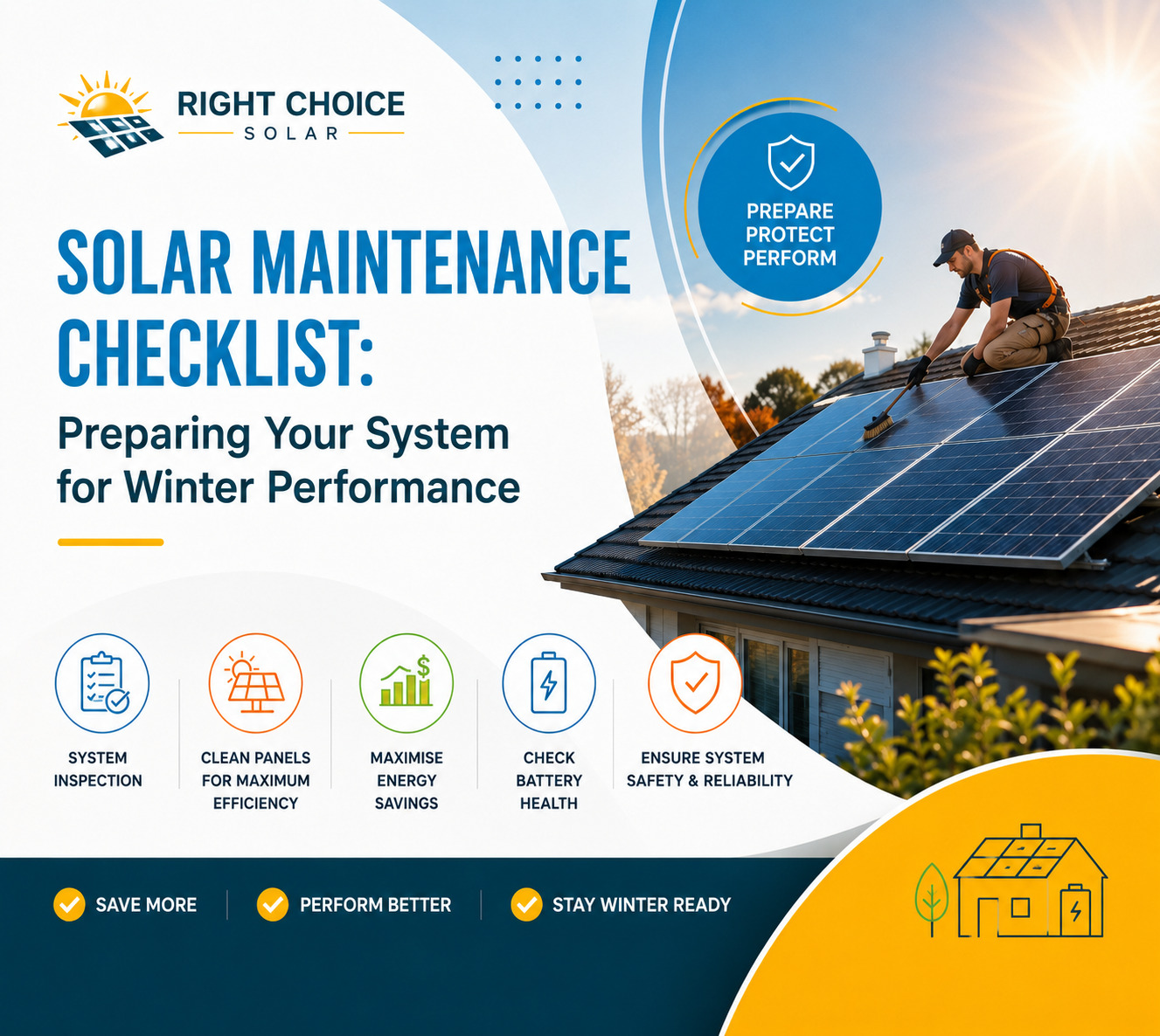 Solar maintenance checklist showing a technician inspecting rooftop solar panels to improve winter performance in Australia.