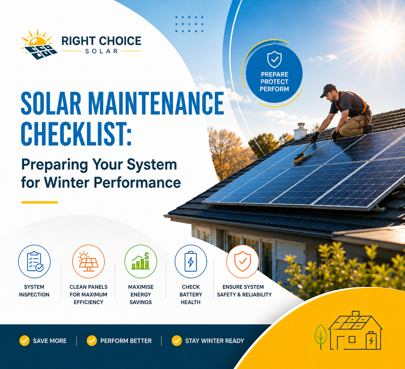 Solar maintenance checklist showing a technician inspecting rooftop solar panels to improve winter performance in Australia.